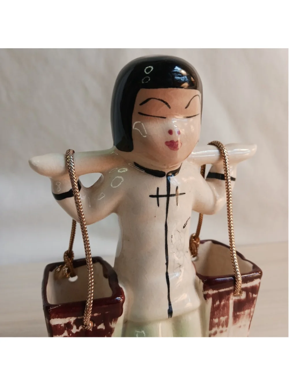 Vintage Ceramic Asian Child Carrying Yoke w Bucket Toothpick Holder Planter